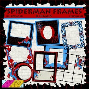 May include: Eight digital frames featuring Spiderman in various poses. The frames are red, blue, and black with a web design. The text "Spiderman Frames" is at the top of the image. The text "Full Size 300 DPI" is at the bottom left of the image. The text "8 Frames" is at the top center of the image. The text "Personal Use" is at the top right of the image.