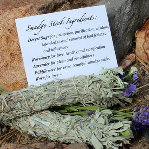 Sage, Rosemary, Lavender, Wildflowers and Rose Handmade Smudge Sticks