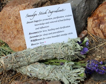Sage, Rosemary, Lavender, Wildflowers and Rose Handmade Smudge Sticks