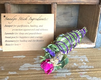 Juniper Smudge Stick with Rosemary, Lavender, Sweet Pea, and Rose