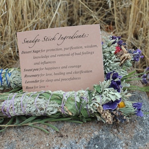 Sage, Rosemary, Sweet Pea, Lavender and Rose Handmade Smudge Sticks