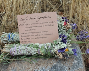 Sage, Rosemary, Sweet Pea, Lavender and Rose Handmade Smudge Sticks