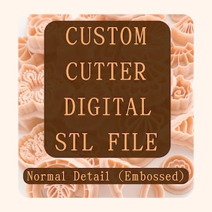 May include: A collection of light peach-colored plastic cookie cutters with various intricate floral and geometric shapes. A dark brown rectangular overlay features the text CUSTOM CUTTER DIGITAL STL FILE and Normal Detail (Embossed).