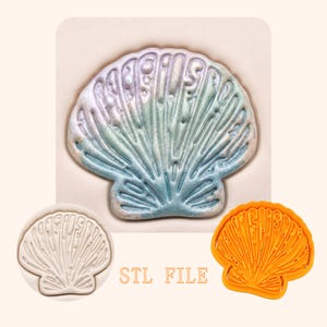 May include: A seashell-shaped object with iridescent blue, green, and purple hues. Below, a white seashell-shaped object and an orange seashell-shaped object are displayed. The text "STL FILE" is printed in the center.