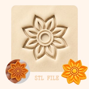 May include: A beige, square stamp featuring a detailed flower design. The flower has eight petals around a central circle. The image also shows a 3D-printed orange flower and the text "STL FILE".
