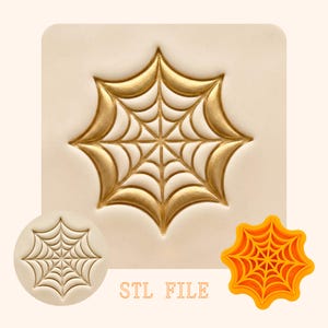 May include: A gold-colored spiderweb design, possibly for a cookie cutter or stamp, is displayed on a beige background. The image includes a 3D rendering of the web, a circular impression, and a layered orange and yellow version. The text "STL FILE" is also present.
