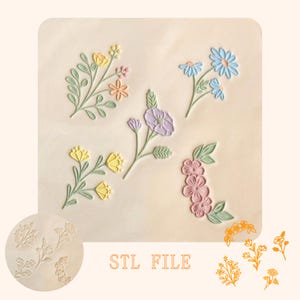 May include: An image featuring a collection of floral designs in various colors, including yellow, blue, pink, and purple. The designs are arranged on a light beige background. The text "STL FILE" is also present.