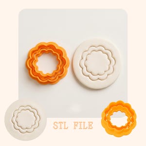 Könnte beinhalten: Ein Set aus orangefarbenen, blütenförmigen Ausstechern und Prägungen. Die Ausstecher haben einen gezackten Rand. Der Text "STL FILE" ist im Bild enthalten. Hergestellt aus Kunststoff.