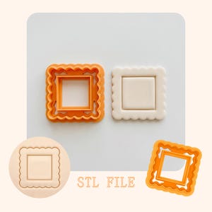 May include: An orange square cookie cutter with a scalloped edge and a matching white square dough impression stamp. The set includes a digital STL file for 3D printing, featuring a square shape with a decorative wavy border and a central square.