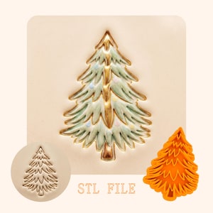 May include: A light green and gold embossed Christmas tree design on a square tile, accompanied by a circular stamp featuring the same tree outline and a bright orange plastic cookie cutter in the shape of a pine tree, with the text STL FILE.