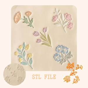 May include: A beige square featuring embossed floral designs in various colours. The designs include pink, orange, yellow, and blue flowers with green leaves. The text "STL FILE" is present.