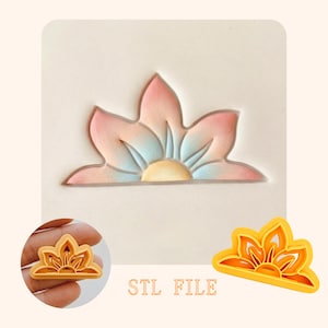 Puede incluir: Un cortador de galletas con forma de flor con un degradado de rosa, azul y amarillo. La imagen también muestra una versión en miniatura del cortador y el texto "STL FILE".