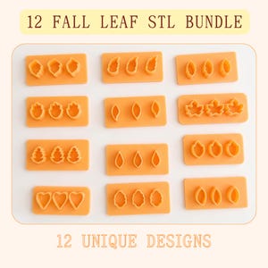 May include: A collection of orange plastic cookie cutters arranged in twelve rectangular sets, each featuring three distinct leaf-shaped outlines. The image includes the text 12 FALL LEAF STL BUNDLE and 12 UNIQUE DESIGNS, showcasing various botanical shapes.