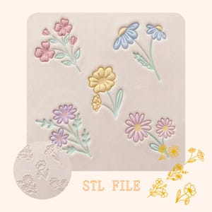 May include: A collection of floral designs in pastel colors, including pink, yellow, blue, and purple, arranged on a light beige background. The image includes the text "STL FILE" in orange. The designs appear to be 3D models or embossing templates.