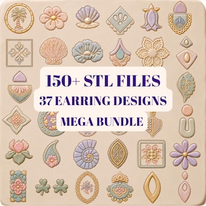 Pode incluir: Uma coleção de 37 designs de brincos exibidos como 150+ arquivos STL em um fundo bege. As formas individuais incluem flores, conchas, padrões geométricos e motivos paisley em tons pastel suaves com detalhes metálicos dourados.