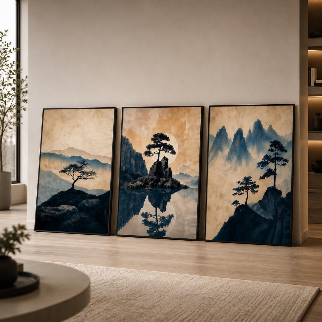 Japanese Landscape Wall Art Set of 3, Japandi Mountain Prints, Zen Wall ...
