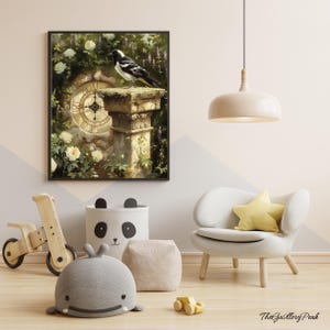 May include: A framed art print featuring a black and white bird perched on a stone pillar. The artwork includes a clock face, white roses, and greenery. The scene is set in a room with a wooden floor, a white chair, and children's toys.