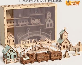 Nordpol Zug Laser Cut Dateien, Weihnachtsdorf SVG, Holz Miniatur Szene (Instant Download)