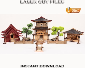 Japanischer Tempel Laser Cut Datei | Pagodendorf Diorama CNC Pläne (Digitaler Download)