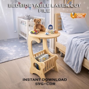 May include: A light-colored wooden bedside table with a round top and a lower shelf for books. The table has a unique curved design. The text "BEDSIDE TABLE LASER CUT FILE" and "INSTANT DOWNLOAD" are visible.
