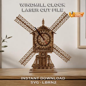 Könnte beinhalten: Eine Laserdatei für eine Windmühlen-Uhr aus Holz. Die Uhr hat ein detailliertes Design mit Ziffernblatt, Windmühlenflügeln und einem Sockel. Der Text "WINDMILL CLOCK LASER CUT FILE" und "INSTANT DOWNLOAD" sind sichtbar. Bereit zum Laserschneiden.