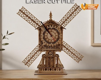 Windmühlen-Uhr Laser Cut Datei, Vorlage für eine holländische Tischuhr (SVG, LBRN2)