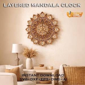 Layered Mandala Clock SVG, Laserskuren fil, CNC-mönster, Heminredning (digital nedladdning)