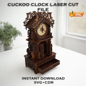 Archivo de corte láser para reloj de cuco / Plantilla de reloj de madera para casa con diseño intrincado (SVG, CDR)