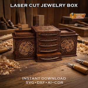 Puede incluir: Una caja de joyería de madera cortada con láser con intrincados diseños florales. La caja tiene múltiples cajones y compartimentos. El texto "LASER CUT JEWELRY BOX" y "INSTANT DOWNLOAD" son visibles. También está presente el texto "READY FOR LASER CUTTING".