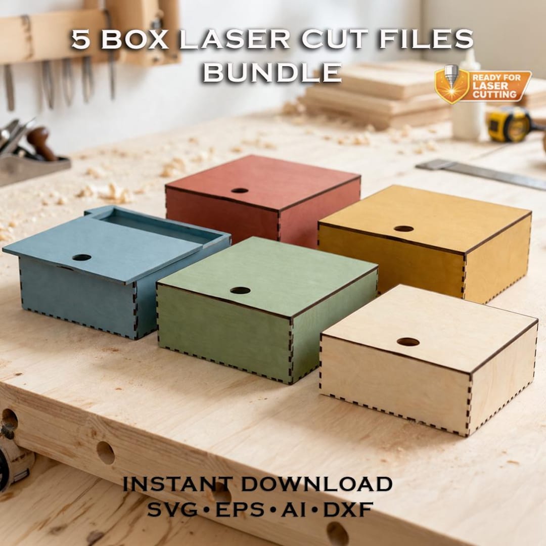 5 Wooden Box Laser Cut Files Bundle, Modern Storage Box Template ...