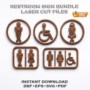 Pode incluir: Um conjunto de placas de banheiro de madeira cortadas a laser. Os sinais incluem símbolos masculinos, femininos e acessíveis em molduras circulares e retangulares. O texto "RESTROOM SIGN BUNDLE" e "LASER CUT FILES" estão no topo. O texto "INSTANT DOWNLOAD" está na parte inferior.