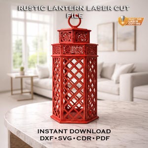 May include: A red laser-cut lantern with a lattice design, featuring intricate details and a ring handle. The text "RUSTIC LANTERN LASER CUT FILE" and "INSTANT DOWNLOAD" are visible. The design is ready for laser cutting.