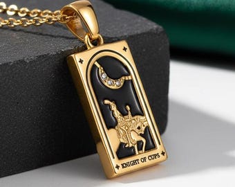 Knight of Cups Tarot Card Necklace, 18K Gold Plated Stainless Steel Pendant with Zircon Moon, Celestial Jewelry