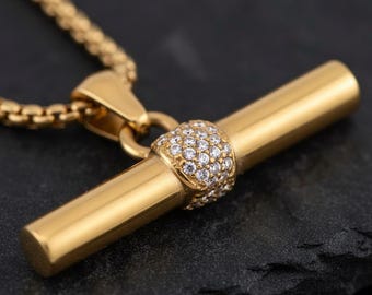 Gold T-Bar Necklace with Pave Crystal | 18K Gold Plated Stainless Steel Box Chain Choker | Waterproof & Hypoallergenic Jewelry
