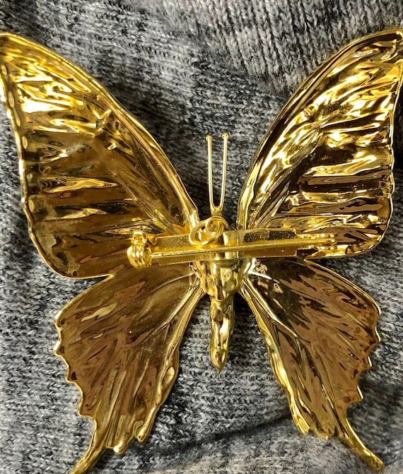 Vintage Butterfly Pin with Gold, Black, and Green… - image 2