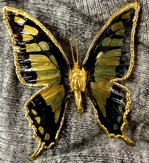 Vintage Butterfly Pin with Gold, Black, and Green… - image 1