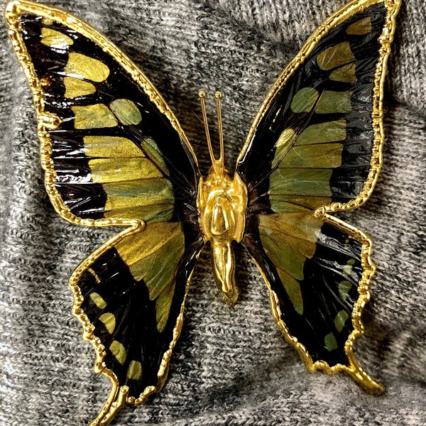 Vintage Butterfly Pin with Gold, Black, and Green Enamel