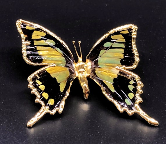 Vintage Butterfly Pin with Gold, Black, and Green… - image 3