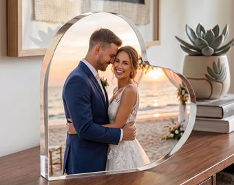 Custom Bride and Groom Gift, Wedding Photo Acrylic Heart Block, Newlywed Marriage Frame, Clear Anniversary Picture Print
