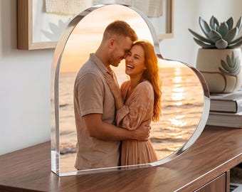 Peronalized Heart Photo Block, Custom Couple Anniversary Gift, 3D Glass Style Photo, Clear Acrylic Photo Plaque, Memorial Picture Print