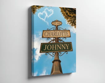 Custom Vintage Street Sign Canvas Print, Custom Couple Name and Date Home Decor, Crossroads Street Direction Sign Artwork