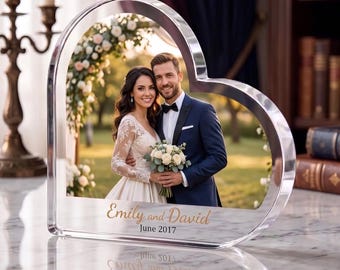 Wedding Photo Acrylic Heart Block, Newlywed Marriage Frame, Custom Bride and Groom Gift, Clear Anniversary Picture Print, Memorial Keepsake