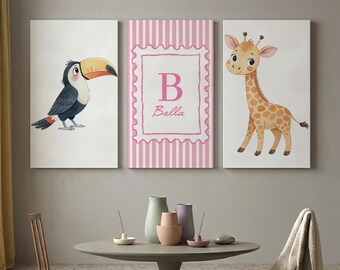 Personalized Name Nursery Canvas, Safari Animal Baby Girl Room Wall Art, Watercolor Animals Artwork, Jungle Kids Room Decor