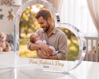 Custom Father's Day Photo Block, Personalized Dad and Son Gift, New Dad Present, Acrylic Heart Photo Keepsake, Memory Picture Frame