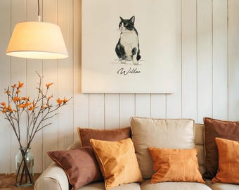 Custom Cat Portrait Canvas, Personalized Pet Wall Art, Watercolor Cat Portrait with Name, Cat Lover Gift, Custom Kitten Memorial Gift