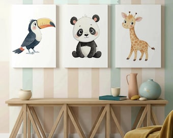 Personalized Safari Animal Nursery Canvas Print, Gender Neutral Baby Room Decor, Watercolor Animals Artwork, Vintage Jungle Wall Decor