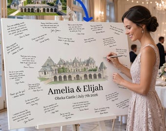 Personalized Wedding Guestbook Canvas Print, Custom Wedding Guest Book Art, Wedding Venue Sketch Artwork