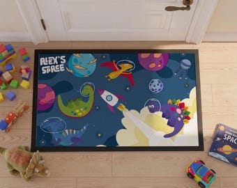 Custom Name Space Dinosaur Mat, Kids Room Personalized Doormat, Astronaut Dino Nursery Decor, New Home Gift for Kid, Child Galaxy Decor Mat