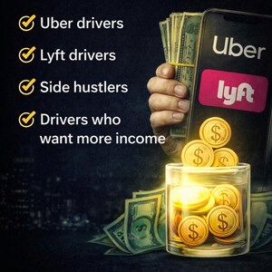 Op de afbeelding: Afbeelding met de tekst "Perfect For:" en vinkjes naast "Uber drivers", "Lyft drivers", "Side hustlers" en "Drivers who want more income". Een hand houdt contant geld vast en een telefoon met de logo's van Uber en Lyft. Gouden munten zitten in een glazen pot.