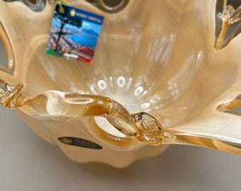VTG Murano White Cristal Art Glass Bowl Golden Peach Luster Ruffled Centerpiece